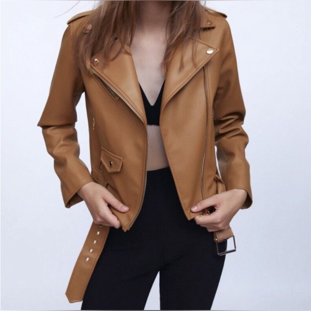 ZARA TAN FAUX LEATHER BIKER JACKET